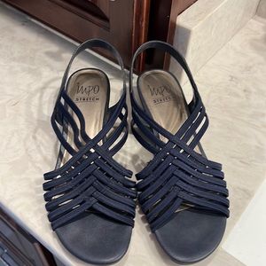 Navy blue stretchy woven low wedge shoes